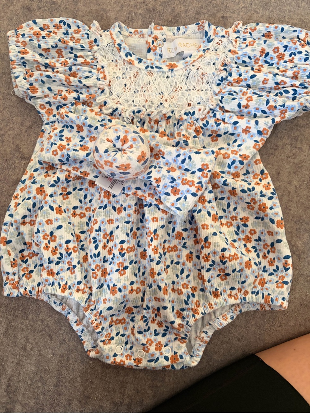 Rachel Zoe White Floral Bubble Romper with Orange and Blue Flowers